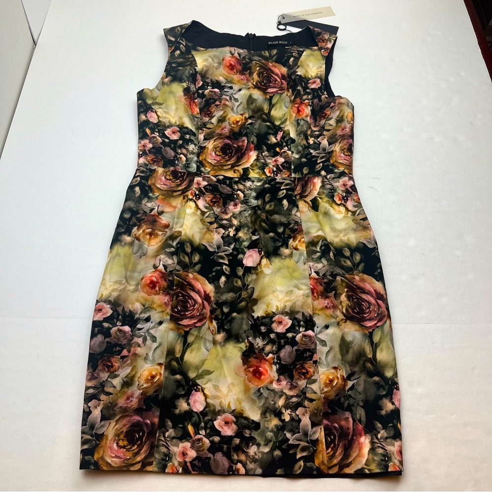 Black Halo‎ Anthropologie Jackie O Black Pink Rose Floral Sheath Dress SZ 10 NEW
